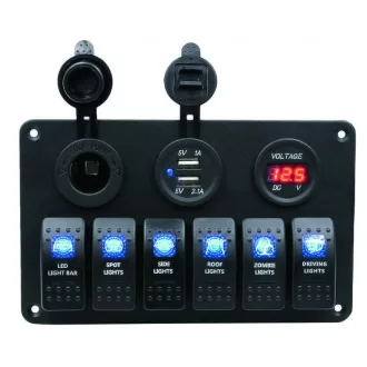 Kapcsolótábla 6 egység USB szivargy. feszmérő