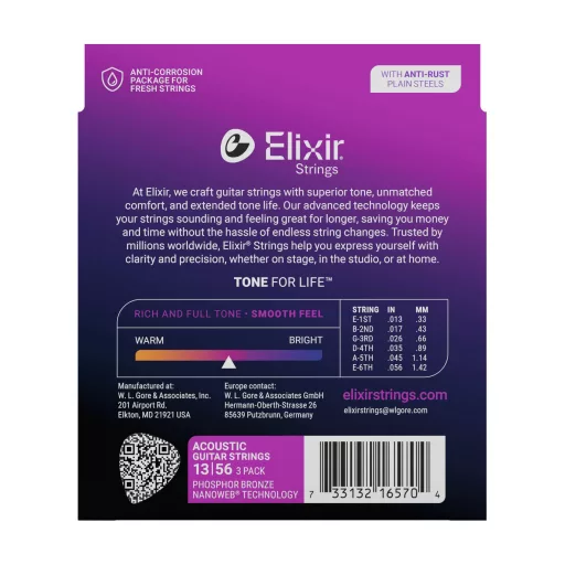 Elixir 16570 Acou Phos NW Med (3Pk 16102) - hármas húrkészlet