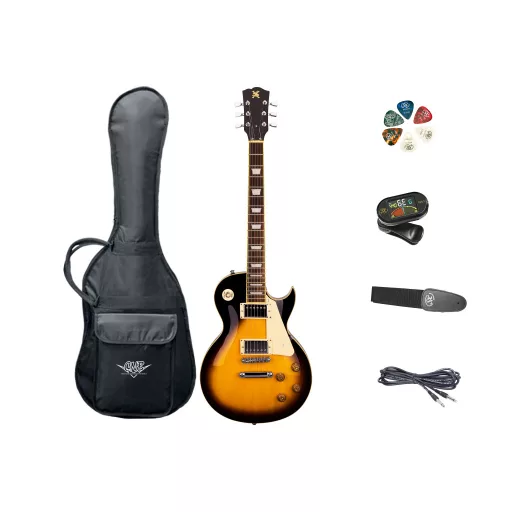 SX LP elektromos gitár szett Gigbag, hangoló, kábel, vállpánt és pengetők, szín: Vintage Sunburst